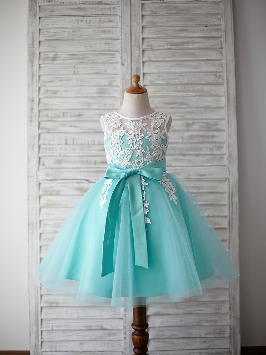 Vestidos de flores para niña vestido de baile cuello redondo sin mangas hasta la rodilla encaje tul vestido menta con lazo fajas para de boda