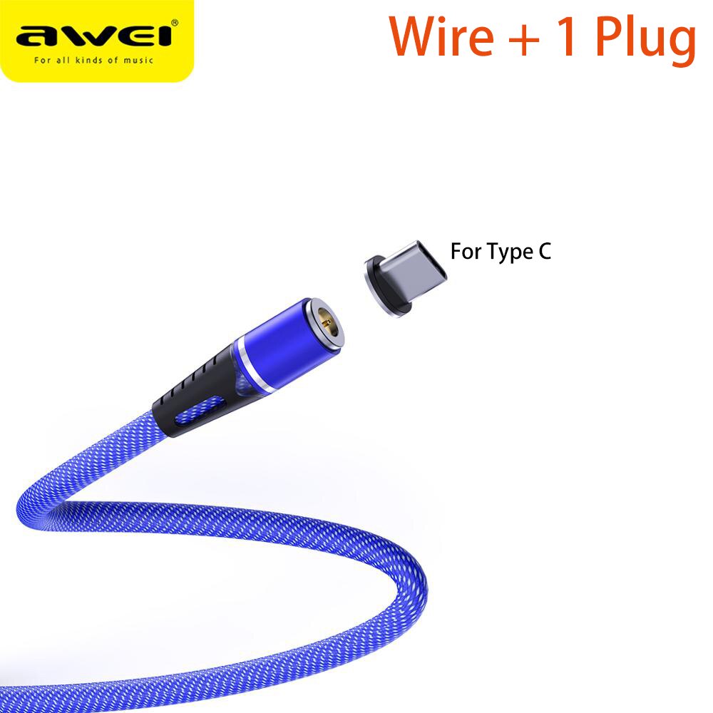 Awei led magnetische kabel 3 in 1 oplaadkabel snel 360 graden type c usb-kabel micro usb magnetische oplader snel voor mobiele telefoon: Blauw type c