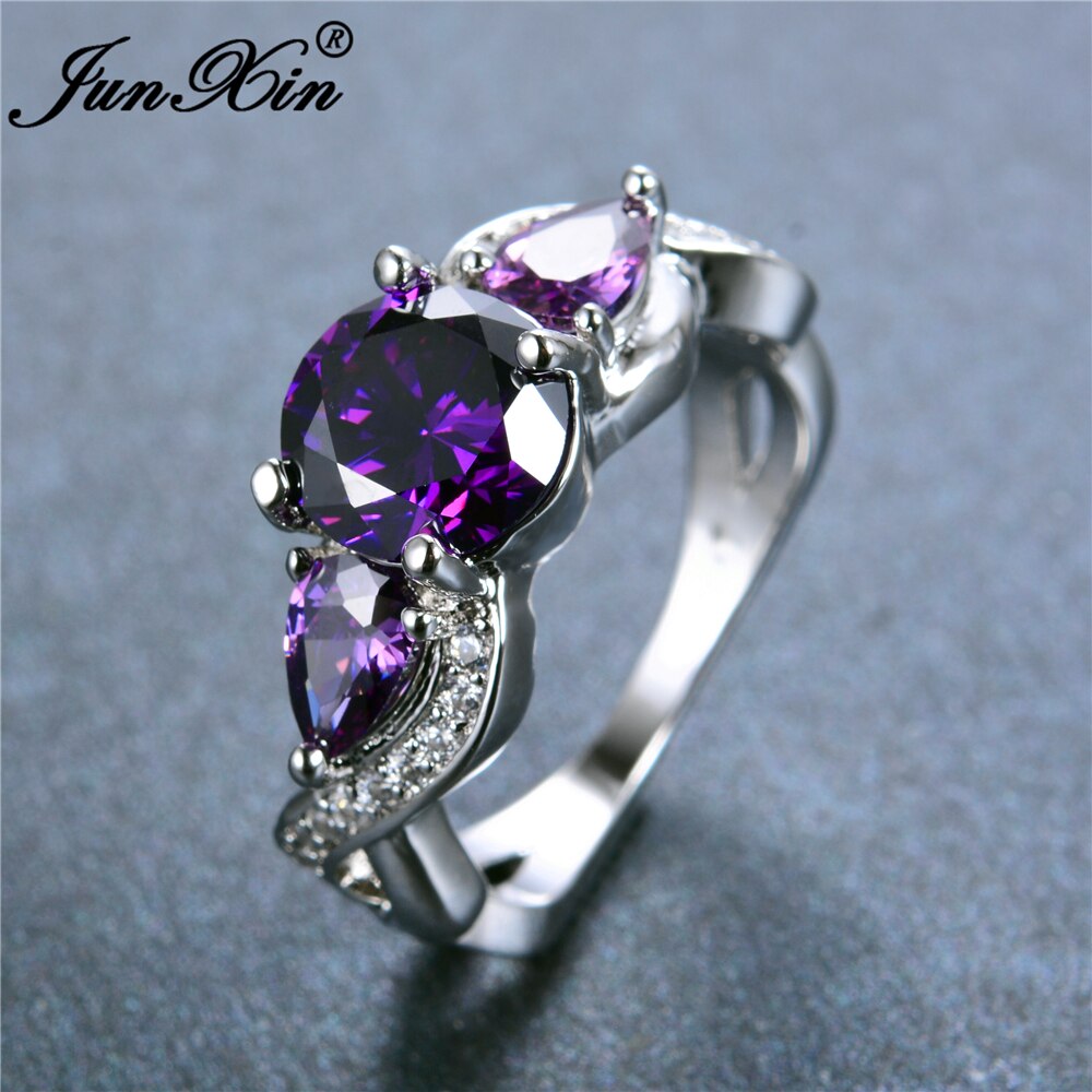 JUNXIN Luxury Female Purple Round Ring White Gold Filled Jewelry Vintage Wedding Engagement Rings For Women