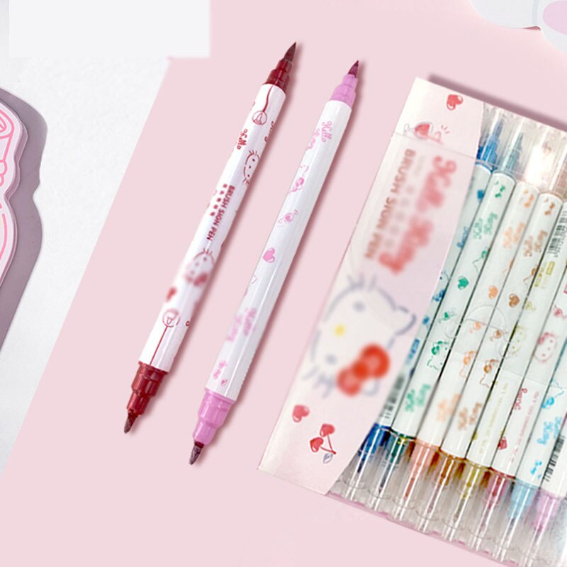 48 Stks/partij Leuke Kat Markeerstift 12 Kleuren Dubbele Hoofd Fijne Fluorescerende Marker Liner Tekening Pennen Kantoor Schoolbenodigdheden