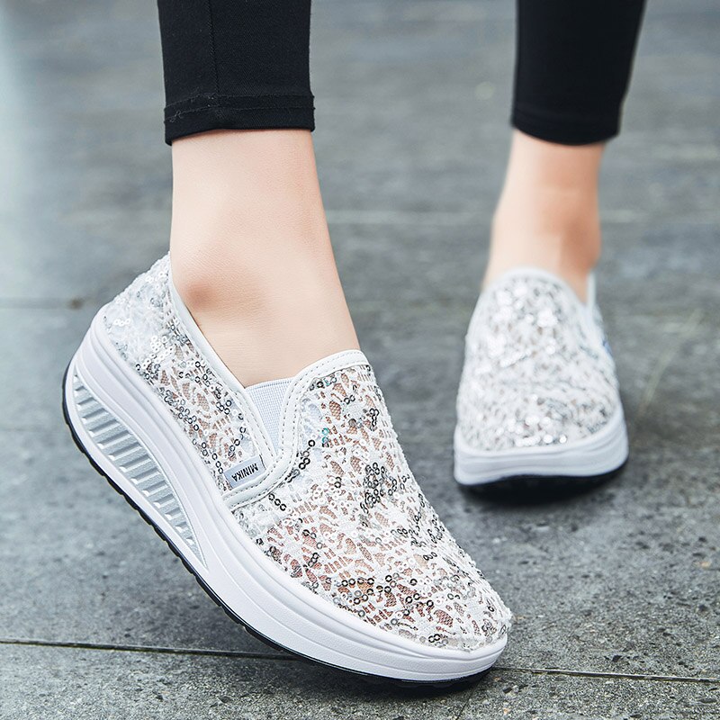 Flat Platform Toning Shoes Women Black White Ladies Sport Height Increasing Wedge Sneakers Slip on Women Fitness Sneakers