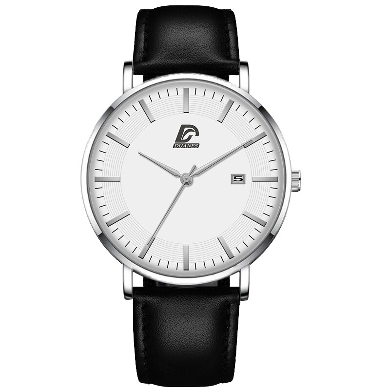 Dijanes miesten business minimalistiset kellot ultraohut ruostumaton teräsverkko vyö analoginen kvartsi rannekello reloj hombre: Nahka hopea valkoinen