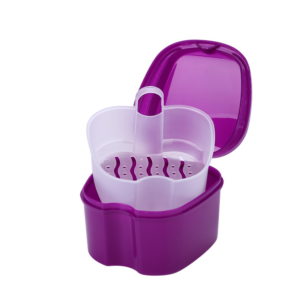 Denture Bath Box Organizer Dental False Teeth Storage Box with Hanging Net Container Cleaning Teeth Cases Artificial Tooth Box: Purple