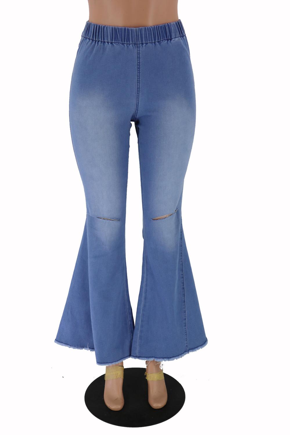 Women Hollow Hole Denim Flare Jeans Boyfriend Jeans Ladies High Waist bell bottom jeans Pants Autumn Loose Wide Leg Jean: Light Blue / L