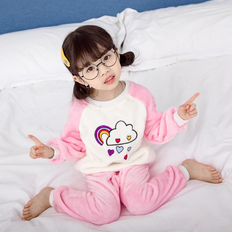 Kinderen Fleece Pyjama Cartoon Nachtkleding Pak Voor Baby Jongens Meisjes Warme Zachte Pyjama Set Herfst Winter Voor 3 4 5 6 7 Jaar Kids: A021-pink / 3T suit 80cm