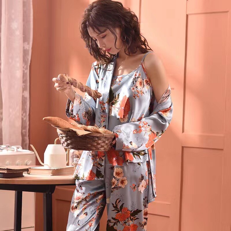 Paj 3 stk kåbesæt til midaldrende kvinder morgenkåber til kvinder pink blomst silkekåbe satin pyjamas sæt szata zestawy: Lyseblå / L (50-60kg)