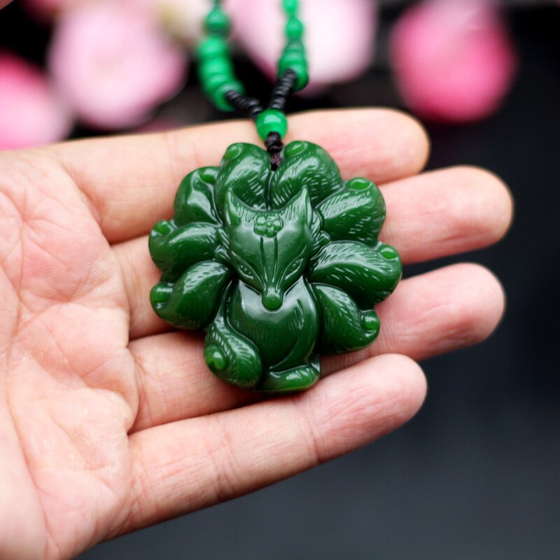 Natural Green Jade Nine Tailed Fox Pendant Necklace Jadeite Chinese Hand-Carved Charm Jewelry Amulet for Women Men