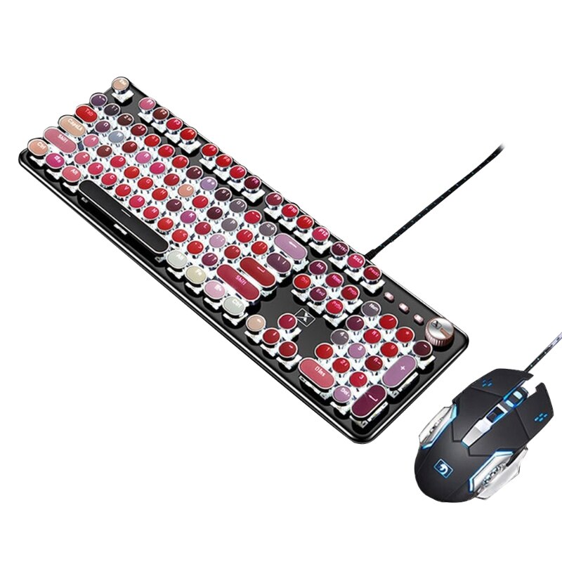 Retro Punk Mechanical Lipstick Metal Keyboard Mouse Set Laptop Desktop Computer Round Key Keyboard Accessory