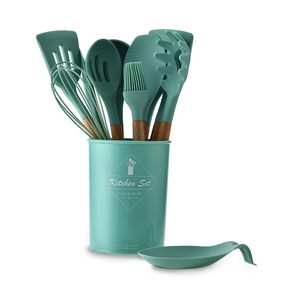 Silicone Cookware Set Kitchen Tools Non-stick Spatula Shovel Wooden Handle Cooking Utensils Kitchenware Accessories Egg Beaters