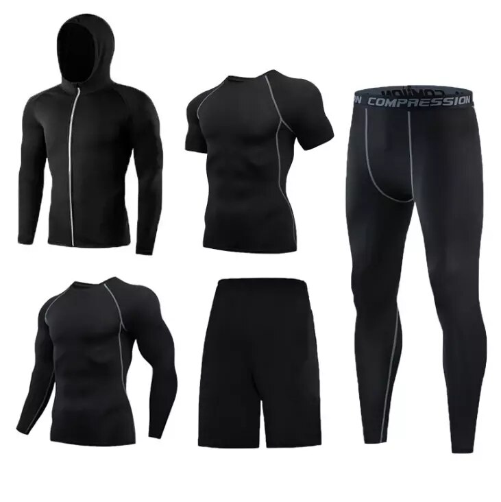 5 pièces/ensembles hommes vêtements de sport homme rashguard costume homme kit mma compression vêtements pour hommes à manches longues t-shirt + entraînement l