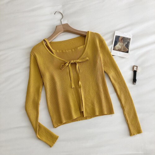 Neploe, conjuntos de cárdigan de punto para mujer, pajarita de manga larga, puntada abierta + básico ajustado, Chaleco Corto con tirantes, trajes de verano 4C691: Amarillo