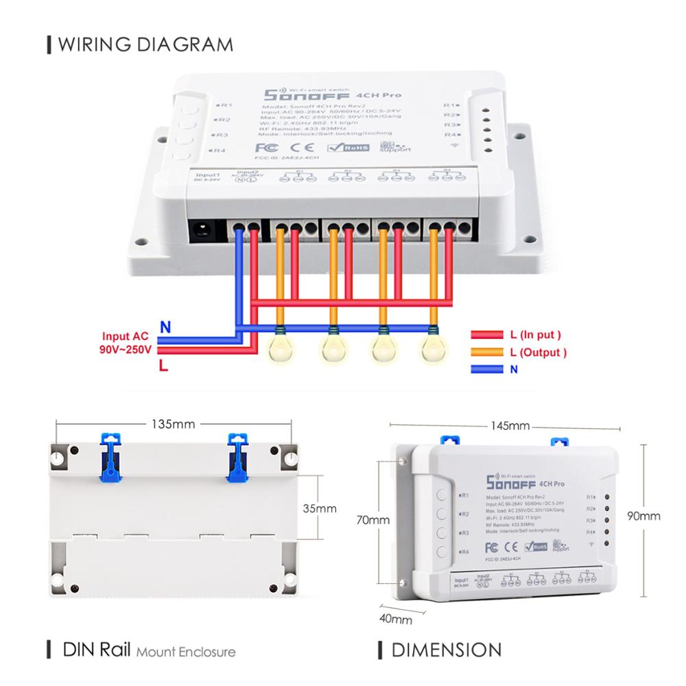 Sonoff 4ch pro  r2 / 4ch r2 smart wifi switch 4 gäng ljus switch , 433 mhz rf wifi relä ewelink arbeta med alexa google home