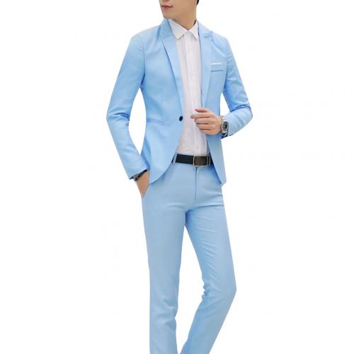 Mens Suits Met Broek Solid Heren Blazer Slanke En Past Bruiloft Mannelijke Bruidegom Tuxedos Suit Prom (Jas + Broek) kostuum Homme: Sky Blue / M