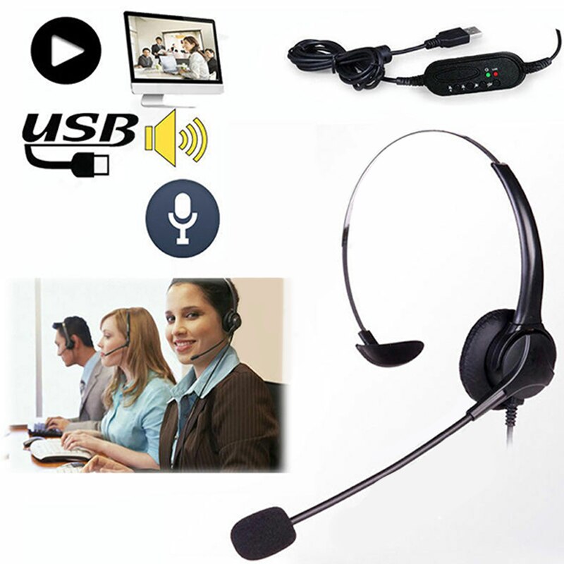 Single-Ear Headset Headband Earphone With Flexible Microphone USB 2m Cable Wired Computer Headset For Laptop PC Computer Call