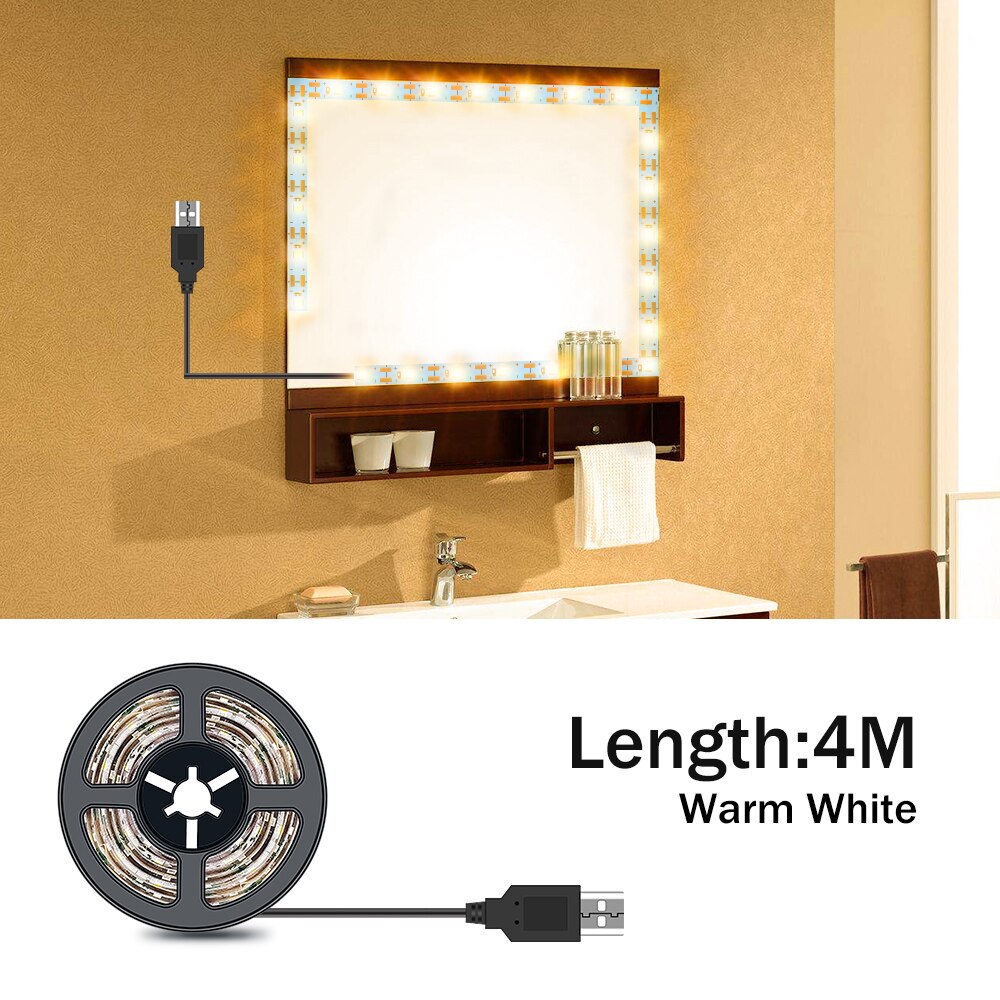 Luz LED para espejo de tocador de maquillaje, lámpara de belleza alimentada por USB para iluminación de decoración del hogar, 1M, 2M, 3M, 4M, 5M, 5V: 4M  Warm White