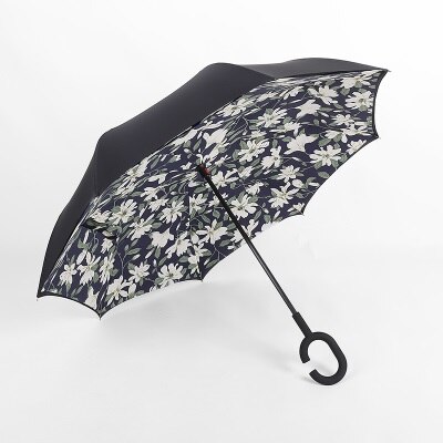 Vindtæt omvendt foldning dobbeltlag omvendt chuva paraply selv stå ud og ud regn beskyttelse c-krog hænder til bil: Gul