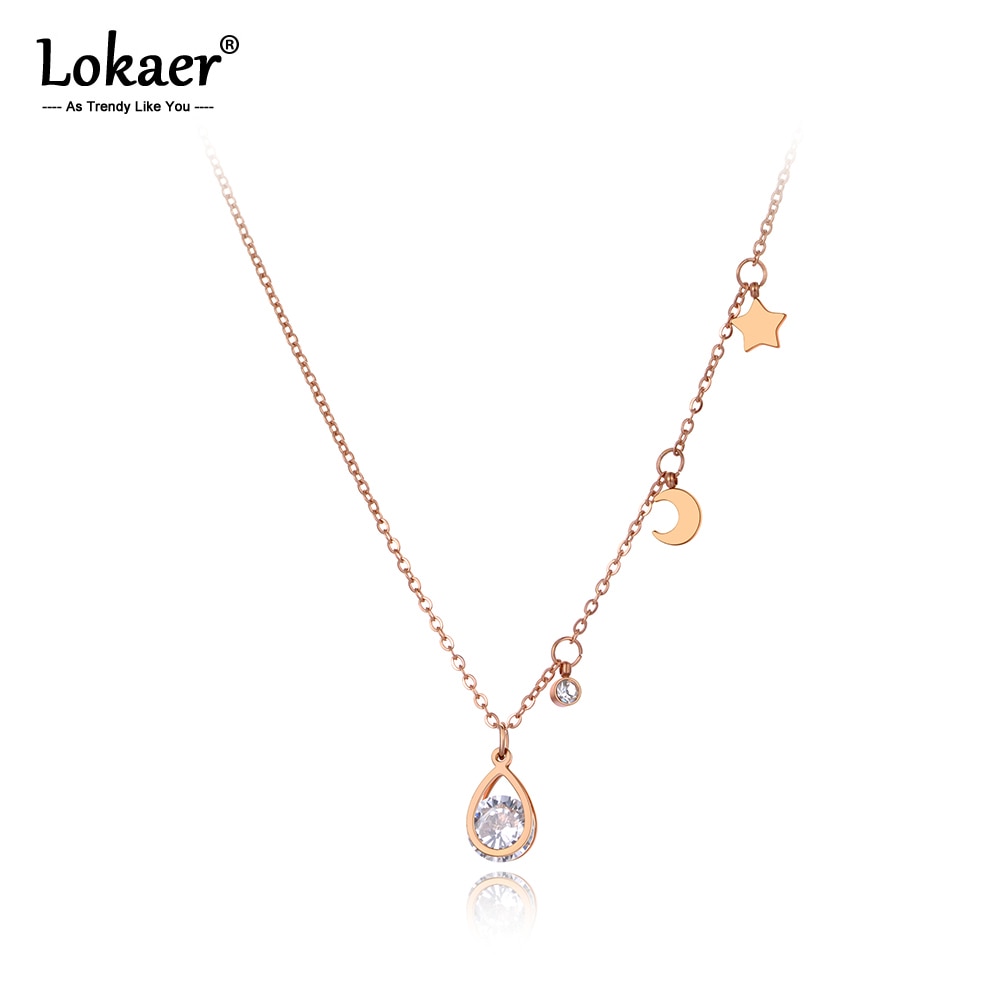 Lokaer modisch Titan Edelstahl SchöNe Sterne Mond Charme Halsband Halsketten CZ Kristall Anhänger Kette Schmuck Für Frauen N20032