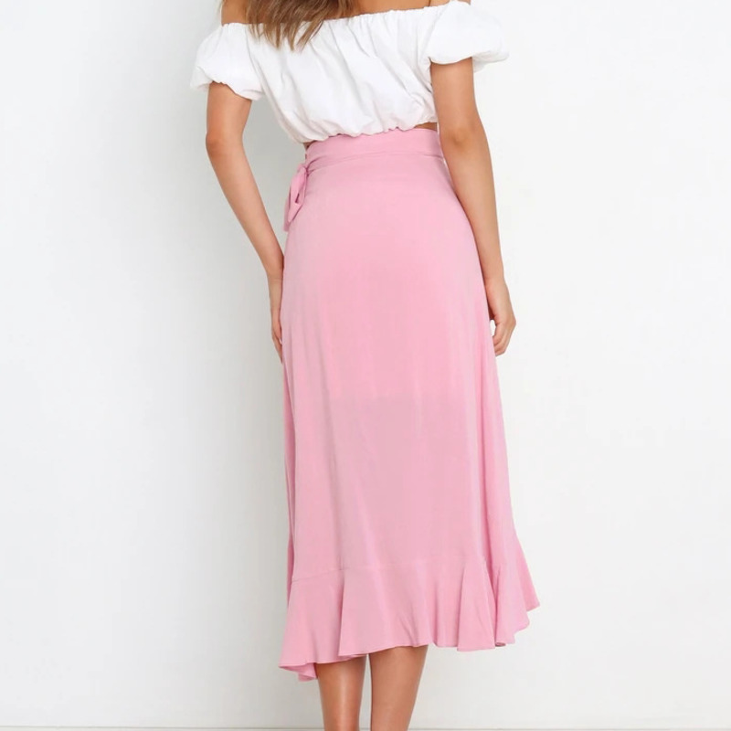 Long Skirts For Womens Summer Lace Up Ruffles Solid Color High Waist Bodycon Skirt Female Casual Chiffon Skirt
