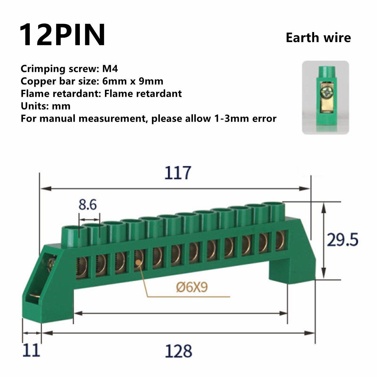 Blue White Green Zero Line 4Pin 6Pin 8Pin 10PiN 12PiN Brass Screw Grounding Bridge Terminal Block Connector Earth And Neutral: Green 12 Pin