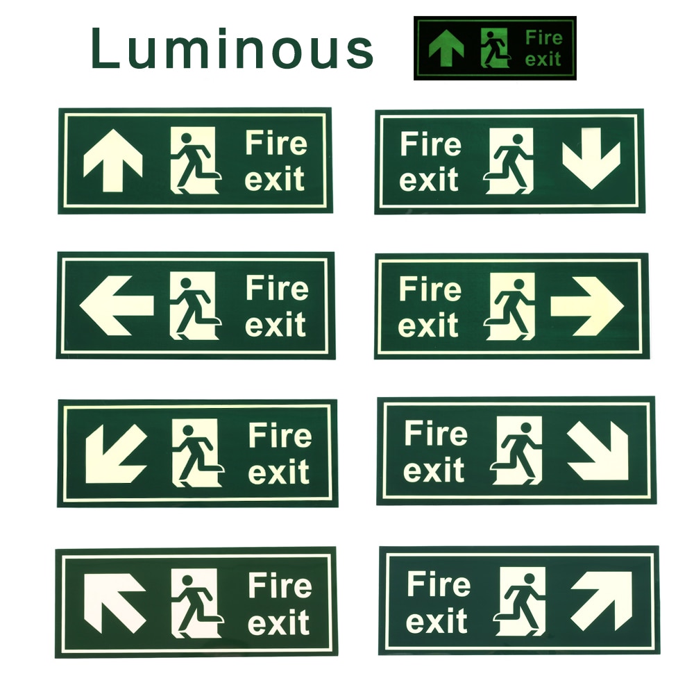 Fire Safety Exit Sign Warning Guidance Signage Luminous Glow In Dark Sticker for Stairway Hallway Hotel Basement Night Vision