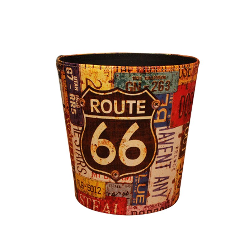 27cm Retro Wastepaper Basket PU Leather Bar Rubbish Bin Office Paper Basket Vintage without Lid Dustbin 8 Patterns: Route 66
