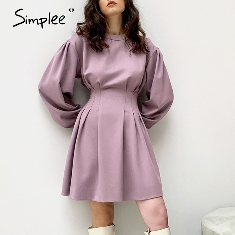 Simplee – robe courte plissée violette pour femme, vêtement féminin à manches bouffantes et à col rond, coupe ajustée, printemps