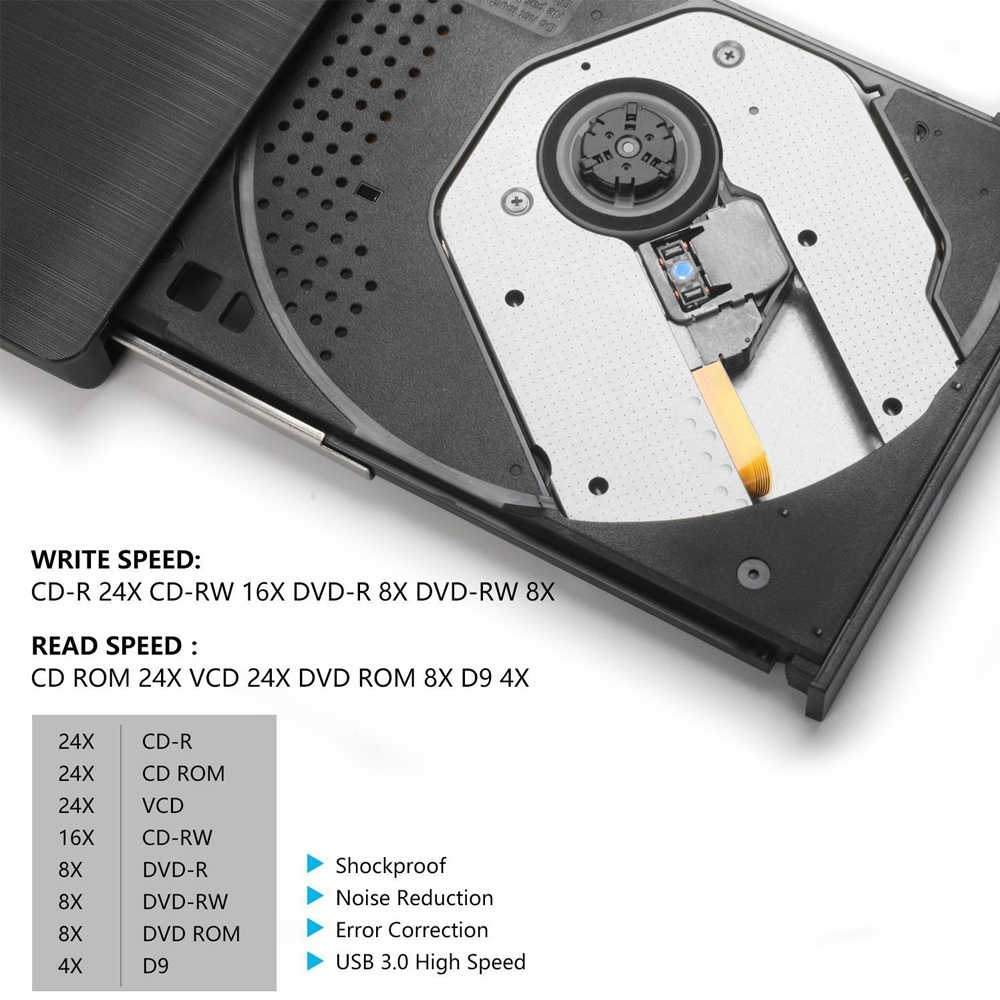 USB 3.0 External CD DVD Drive Writer Burner Portable for Laptop Desktop Mac Windows Linux High Speed