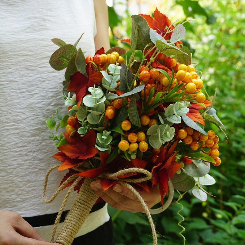 Fall Bridal Bouquet White Green Country Wedding Flowers Artificial Wildflowers Boho Wedding Studio Photo Holding Flowers