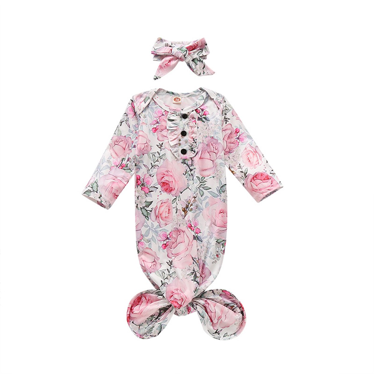 CANIS Baby Nightwear with Headband Rainbow Print Round Neck Long Sleeve Sleepwear+ Headdress: B