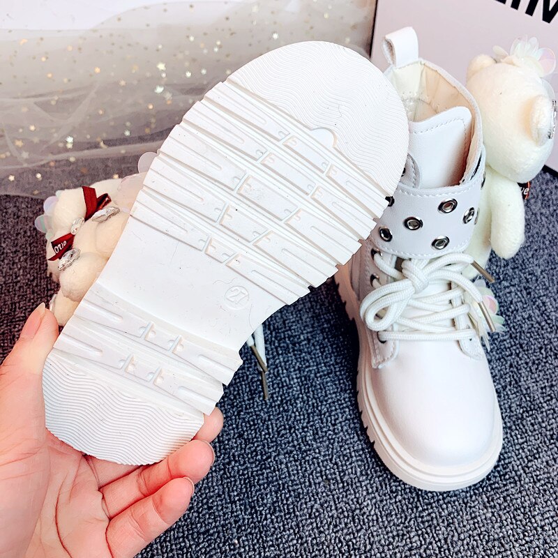 Kids Boots Children Bear Pu Leather Shoes Baby Girls Motorcycle Ankle Boots Rhinestone White Boots Brand Shoes Warm Shoes Winter