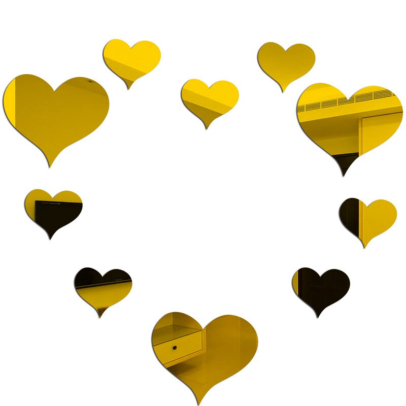 Espejo acrílico de corazón de amor para pared, Adhesivo de pared, empolvable, arte de sala de estar, decoración del hogar, 10 Uds.: gold