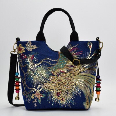 Ainvoev Embroidered Women Canvas Summer Shopping Shoulder Bag Vintage Beaded String Handbag Shiny Sequins Peacock: blue