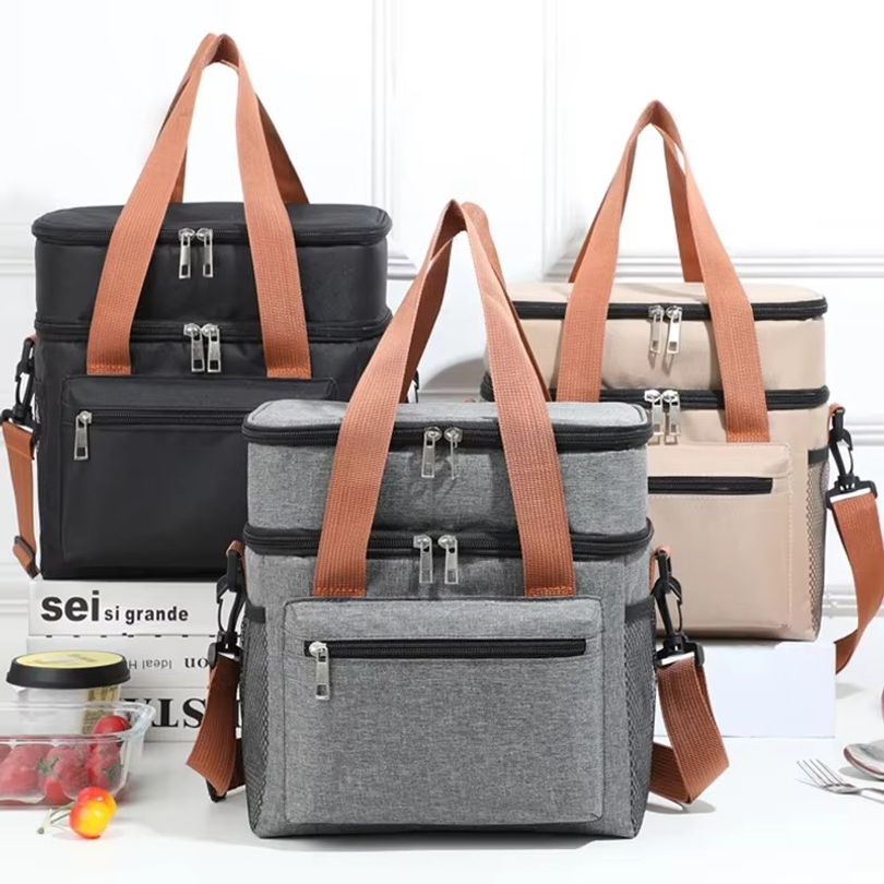 Thermal Lunch Bag Double Layers Large Capacity Lunch Boxes Bags Portable Crossbody Picnic Food Drink Storage Bag Cooler Tote