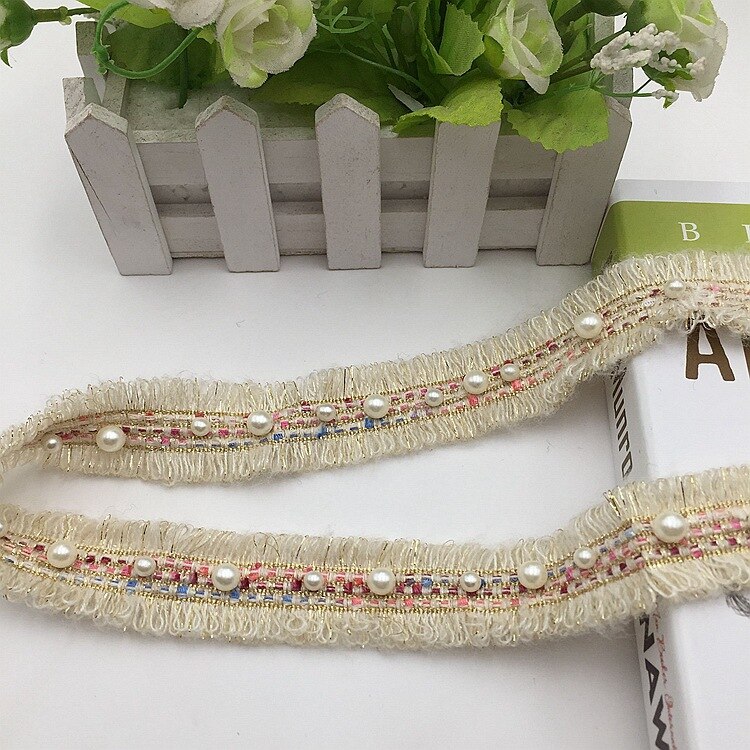 Sangle en Mohair de style effiloché et parfumé, 3CM, 10yards, avec perles de fil métallique, pour jeux, chapeaux, épingles Accessoires de couture: White with beads