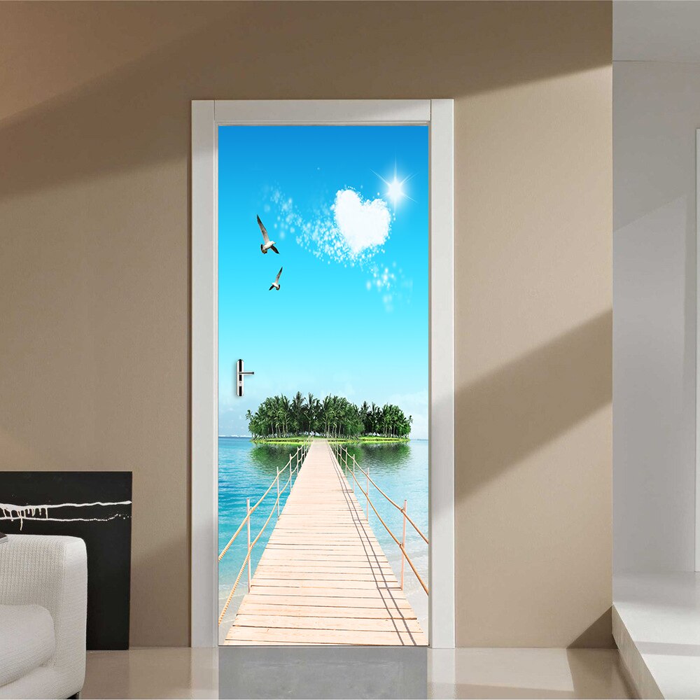 Pegatina de puerta DIY de paisaje insular de hermoso estilo, pegatinas de pared para decoración del hogar, Mural artístico para porche de cocina, papel tapiz de PVC