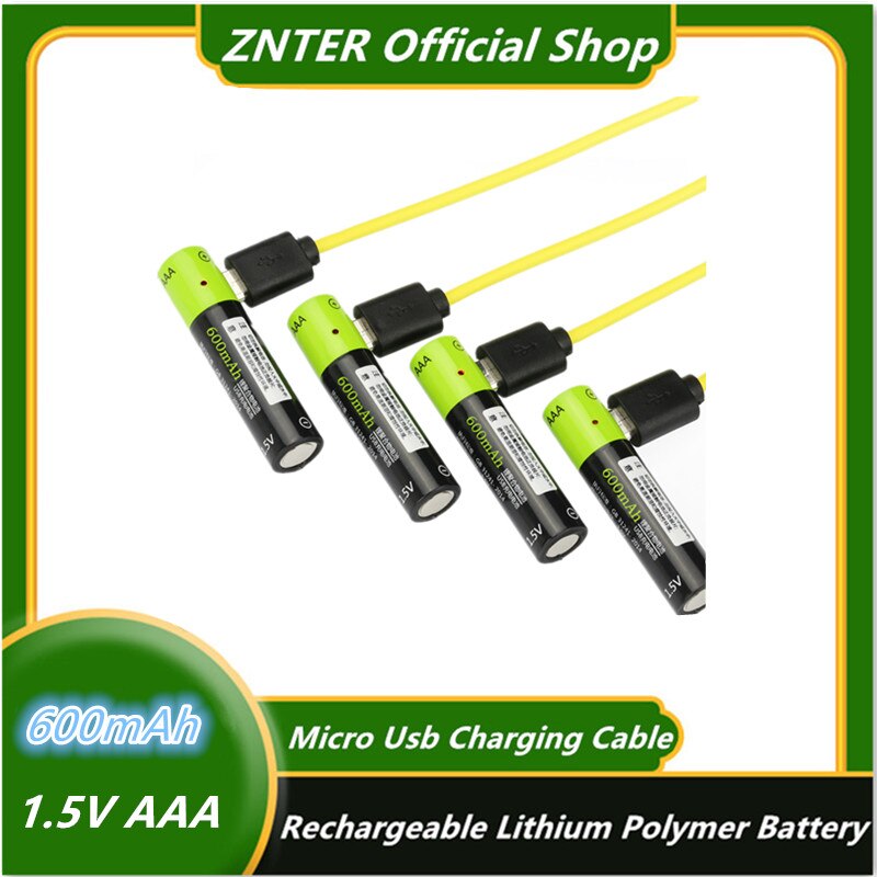 Znter 1.5v aaa-akkus, 600 mah, usb-wiederaufladbarer lithium-polymer-akku, schnellladung über micro-usb-kabel