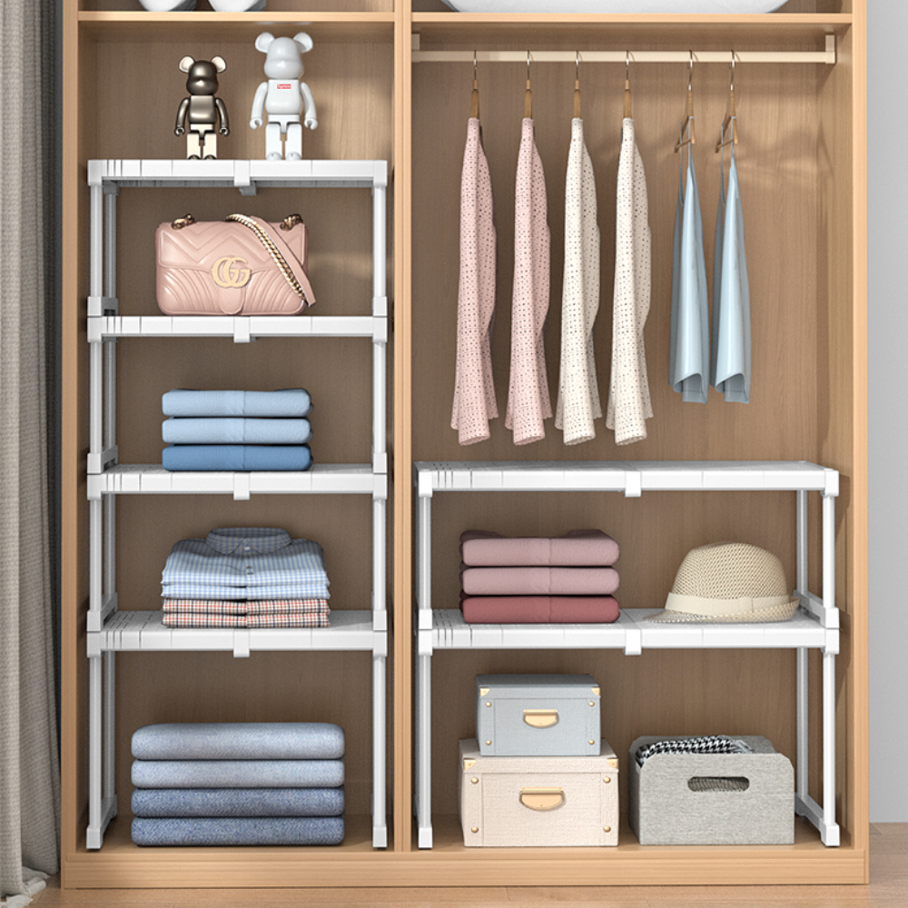 Adjustable Closet Shelf Punch-Free Telescopic Wardrobe Organizer Shelves Stackable Clothing Shelves Retractable Layers Boards
