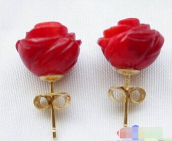 1062 11mm Hand-carved rose red coral earring &gt;Lovely Fine women Luxury Girls Wedding word Jewelry Lady&#39;s Women&#39;s Earrings