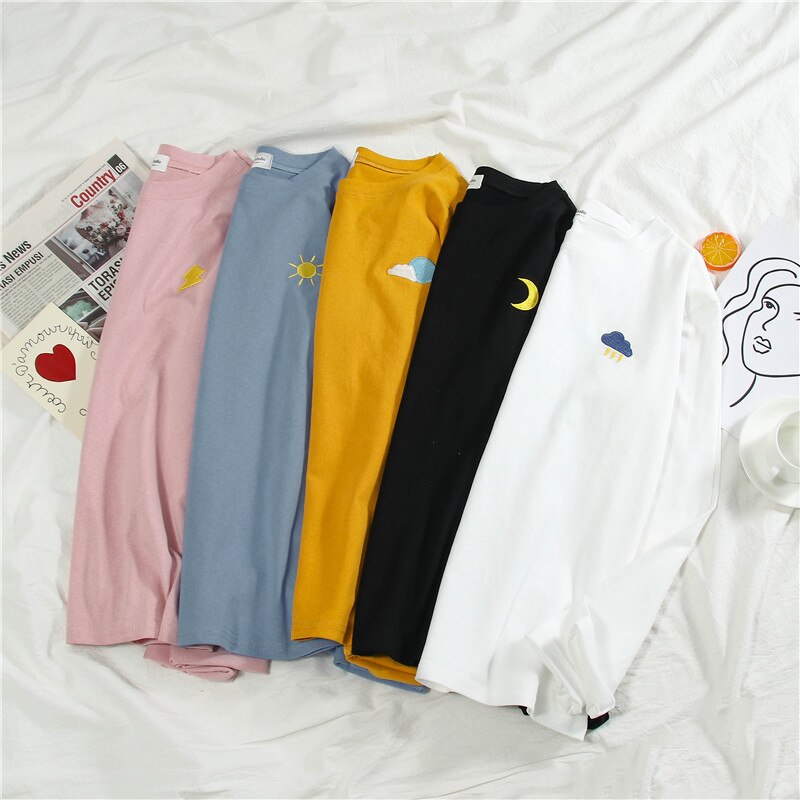 Kvinder tegneserie broderi t-shirts harajuku enkel t-shirt efterår lange ærmer afslappet løs t-shirt studerende sjove t-shirt toppe