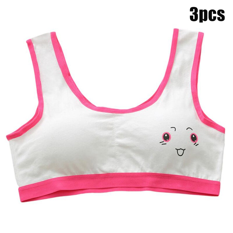 3pcs Cute Cartoon Girl Bra Soft Cotton Teenage Casual Training Bra for Students Teenager BM88: rose red