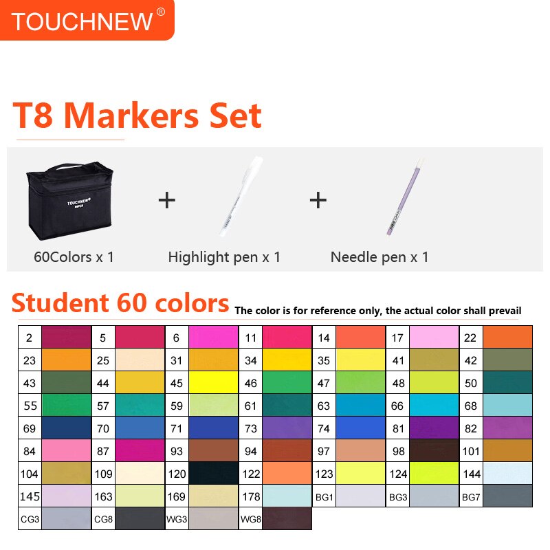 Touchnew  t8 alkohol tuschpen med dobbeltspids tegning kunstmarkører sæt rund pen til børn voksne farvelægning maleri: 60 farver studerende