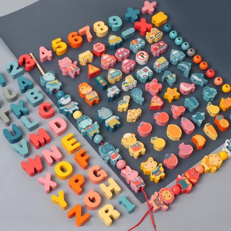 Optioneel Houten Kralen Speelgoed Oceaan Vis Verkeer Digitale Brief Groente Fruit Monterssori Educatief Spel Baby Vroeg Leren