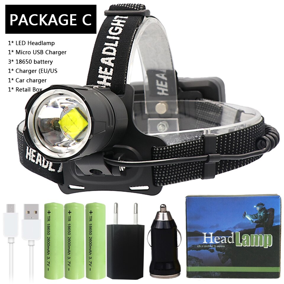 50000lm XHP70.2 32W powerful Led headlamp Headlight zoom head lamp flashlight torch Lantern 7800mah 18650 battery: Package C