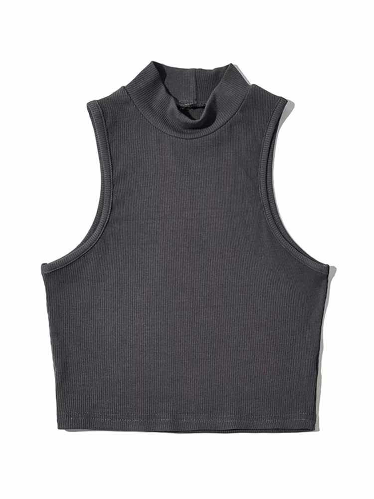 Top corto sin mangas blanco de cuello alto para mujer, Tops negros de de verano, 5 colores: L / Gris