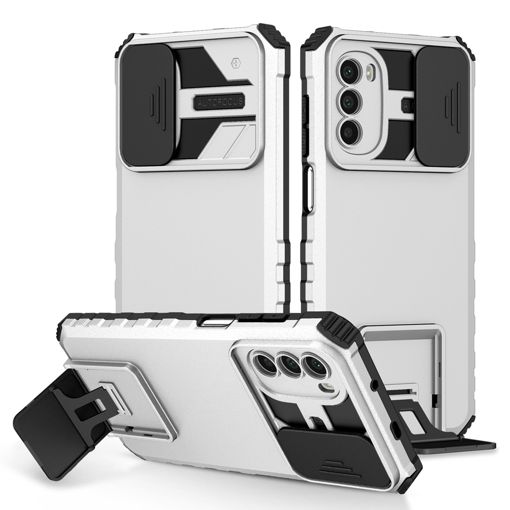 Shockproof Case for Motorola MOTO G52 G42 G22 G82 Push Pull Camera Protection Live Stand Phone Cover for MOTO G50 5G E32: ABS / WHITE
