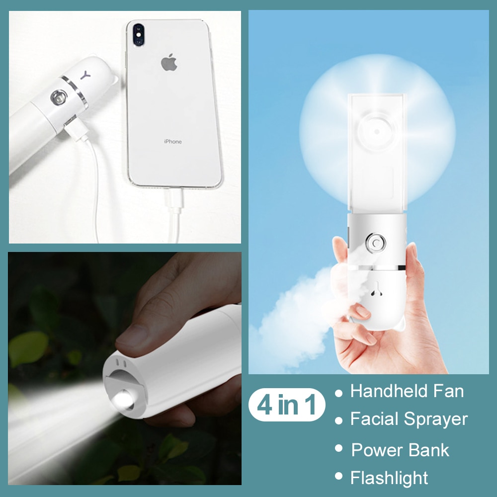 4-in-1 Gezichtsstomer Sprayer Ventilator - Nano Luchtbevochtiger, Draagbare Mist Hydraterende Handventilator Desktop
