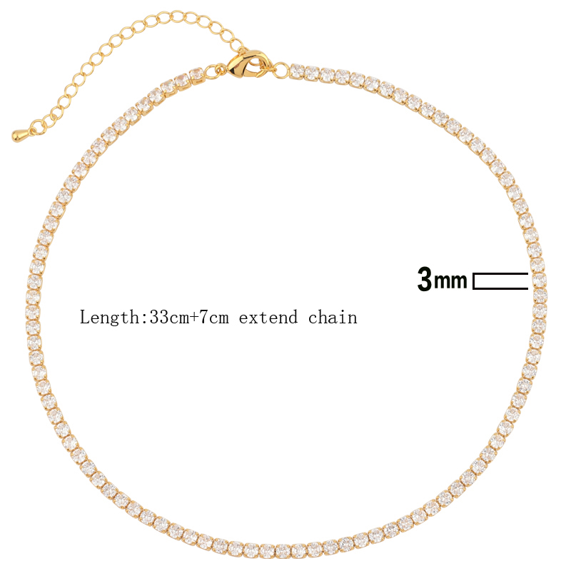 Gold Color 1 Row Shiny Colorful Neon Rainbow Iced Out Zircon Charm Thin CZ Tennis Chain 33+7CM Women Choker Necklace: white cz 3mm