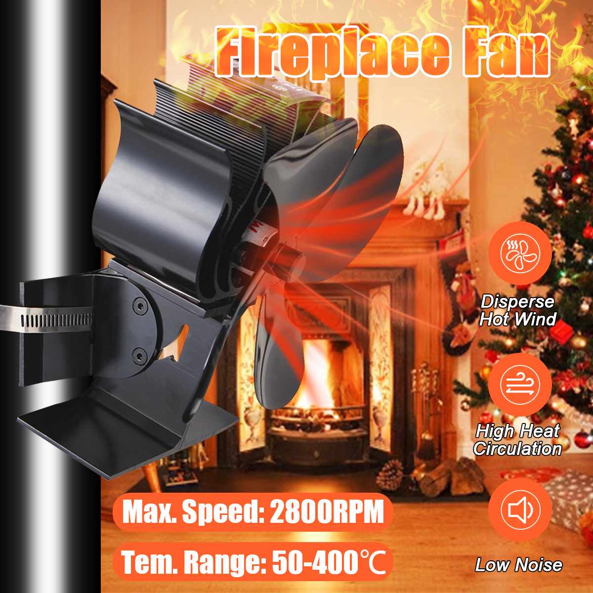 Efficiënte pijp gemonteerde zwarte open haard 4 bladen warmte aangedreven kachel ventilator houtkachel ecofan stille thuis warmteverdeling