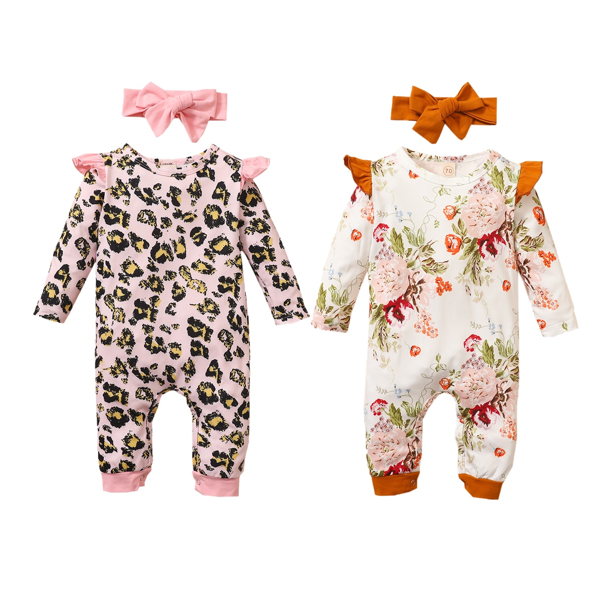 Porte-bébé 2 pièces filles garçons automne barboteuse imprimé fleuri/léopard col rond à volants manches longues combinaison + bandeau nœud