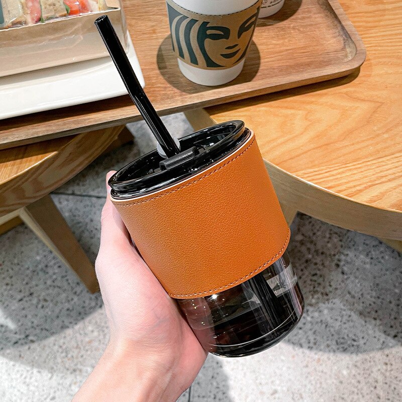 Coffee Cup High-grade Exquisite Glass Water Cup High Color Straw Cold Extraction Cup Ins Style Feeling Double Mouth Cup: Leather Cup Cover 